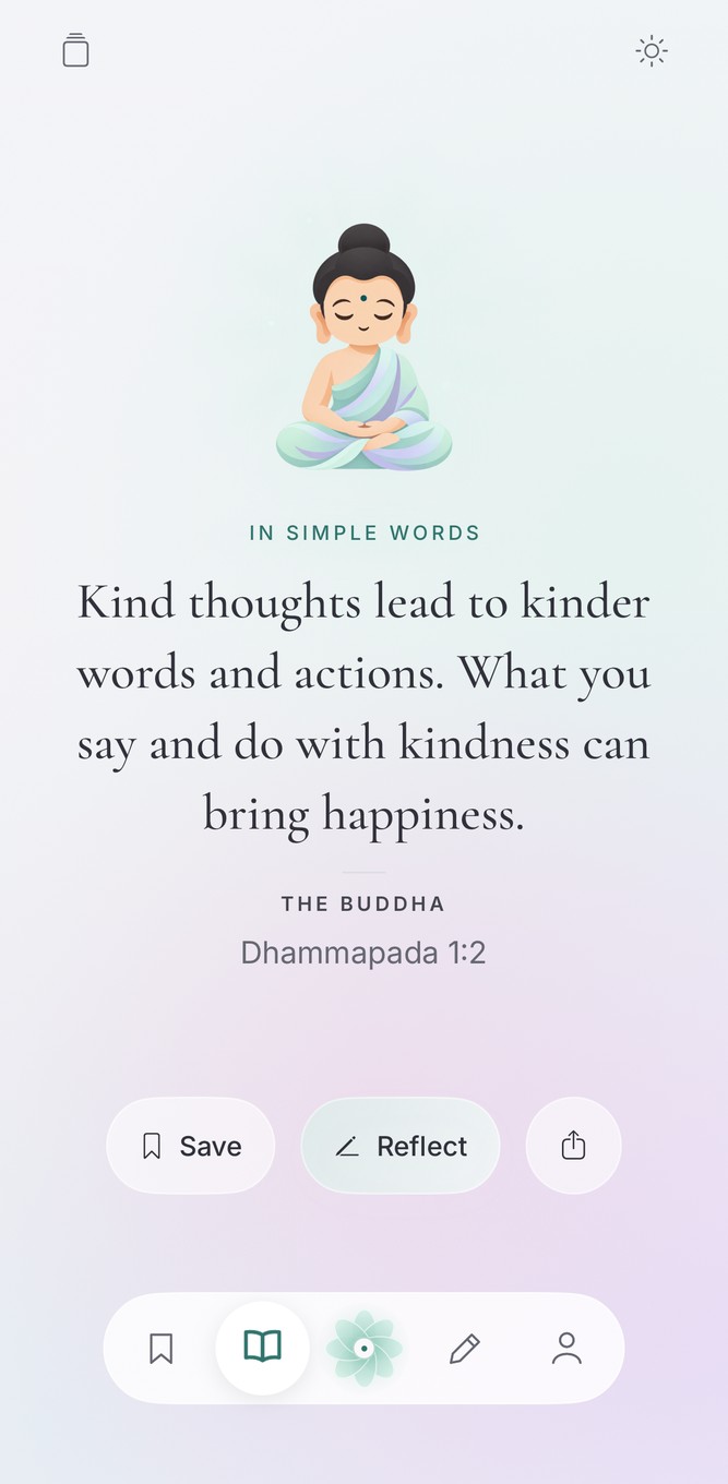 Notice showing a Buddha teaching in simple words, with Save, Reflect and Share.